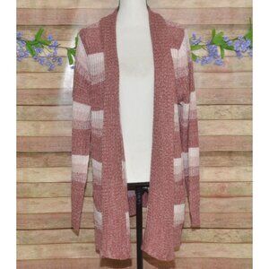 Jason Maxwell Womens 2X Pink Striped Open Front Cardigan Sweater Pocket Cozy